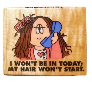 Cathy Guisewite Comic Strip Rubber Stamp Rare Vintage 90s My Hair Won't Start